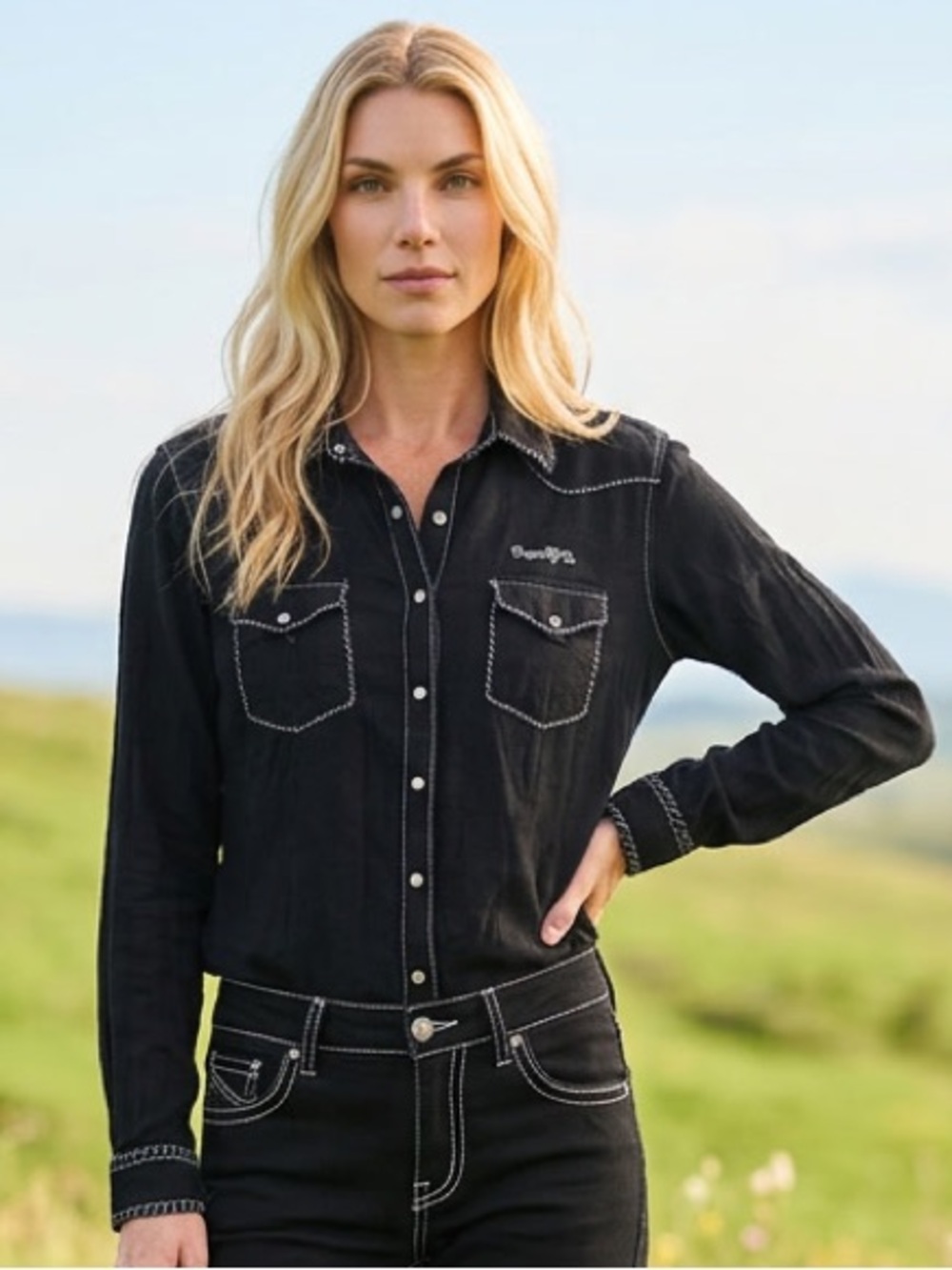 Cowgirl Tuff Co. Men's Black Cotton Solid Button-Up Shirt L Long Sleeve Pockets